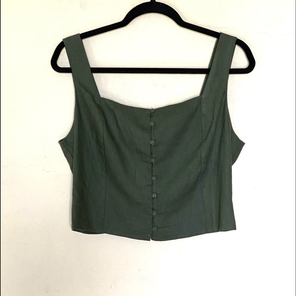Lush Dark Green Button Up Crop Blouse
